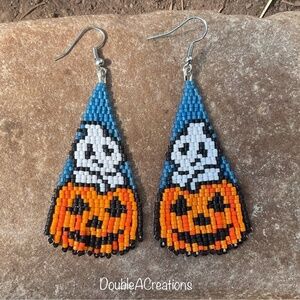 Ghost and Pumpkin Beaded Earrings, New, Handmade by Me